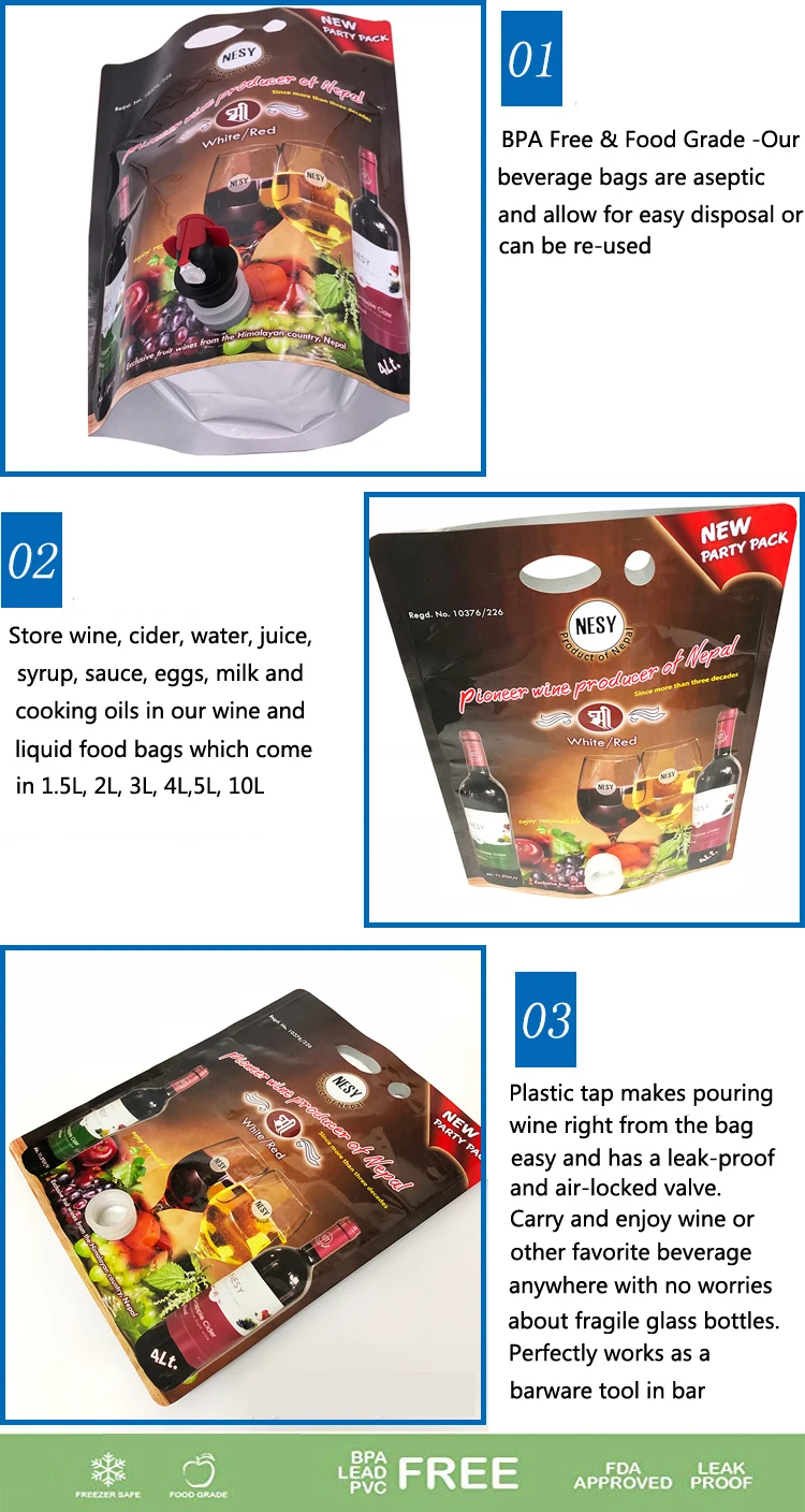 custom wine drink water bib bag in box dispenser with tap valve