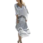Women Striped Deep V Neck Turkish Beach Kaftan Beachwear Swimwear Maxi Dress bikini cover ups