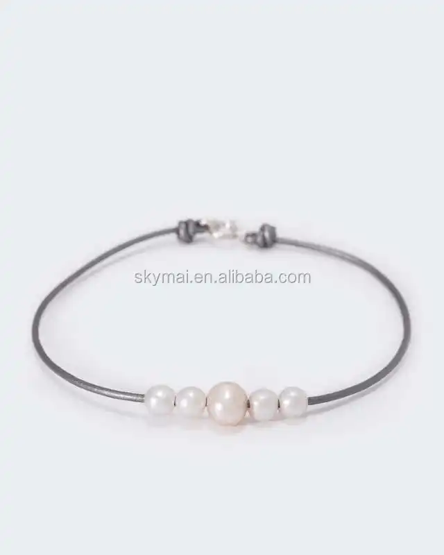 wholesale 925 sterling silver bracelet with fresh water pearl genuine leather bracelet for women