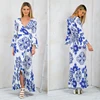 2018 Women Clothing Summer Style Long Sleeve Blue Printed Wrap Maxi Dress Women