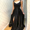 Ladies Lace Beaded Evening Dress Black Spaghetti Strap Prom Gowns Girls Long Side Slit Satin Bridesmaid Dresses 2019 Hot Sale