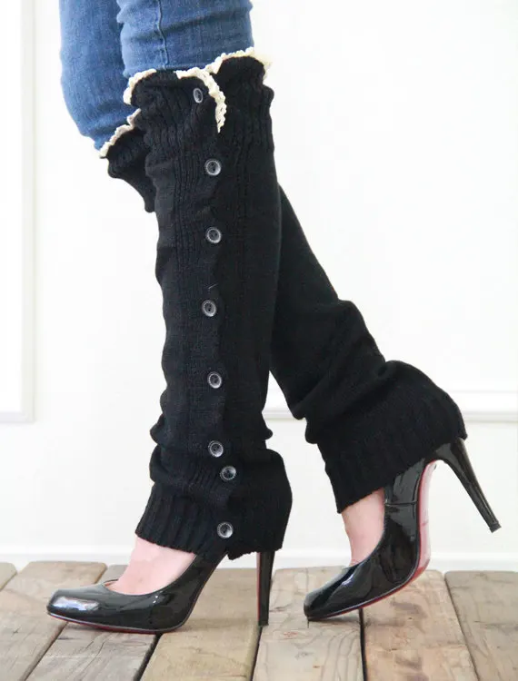 Wholesale 10 pairs/lot Newest women girls leg warmers Button Down Boot Cuffs lace trim Boot Socks knitted Leg Warmers