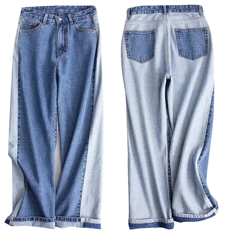 Stretch Washed Hole Straight Tube Street Style Pants for Lady Women Denim Jeans