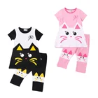 Trendy Color Block Short Sleeve Crew Neck T - Shirt Cute Cat Printing Legging Summer set Little Girls Outfits