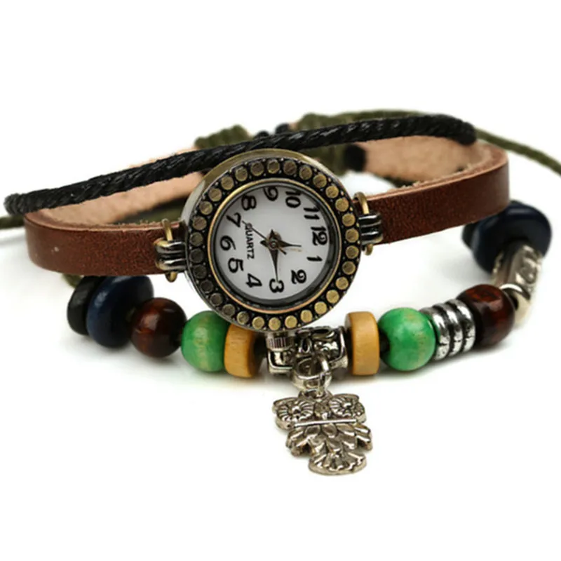 Vintage Quartz Watches For Women 2015 Hot Sale Thin Genuine Leather Strap Owl Pendant Bead Rope Ladies Antique Bracelet Watches