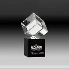Unique design bevelled crystal cube award with black glass cube trophy base for company gifts