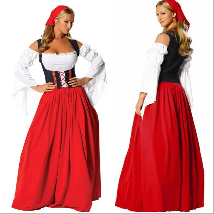 Hot Sale New Fancy German Beer Girl Costume Women Sexy Long Sleeve Dress Red Oktoberfest Beer Maid Peasant Dress Cosplay Costume