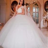 2018 Cap Sleeve Pearls OEM Alluring Tulle Sheer Jewel Neckline Puffy Ball Gown Wedding Dresses With Lace Appliques & Beadings