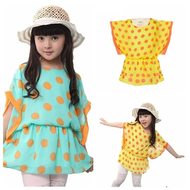 Girls Dress Chiffon Batwing Sleeve Dot New 2015 Summer Brand Fashion Kid Short Girl Dresses Elegant Kids Clothes Size 4 -12