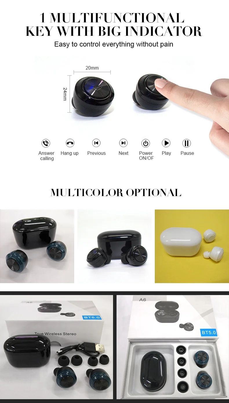 New Original A6 Mini TWS Earbuds Blue tooth 5.0 in ear Wireless Earphones Sport Headphone With Mic for Samsung Iphone oneplus - ANKUX.COM