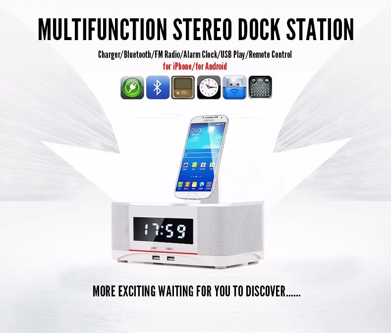 Hot A8 Touch Radio Alarm Clock Bluetooth Speaker with docking System,Portable Dock Station Stereo A8 FM AUX NFC Dual USB speaker - ANKUX.COM