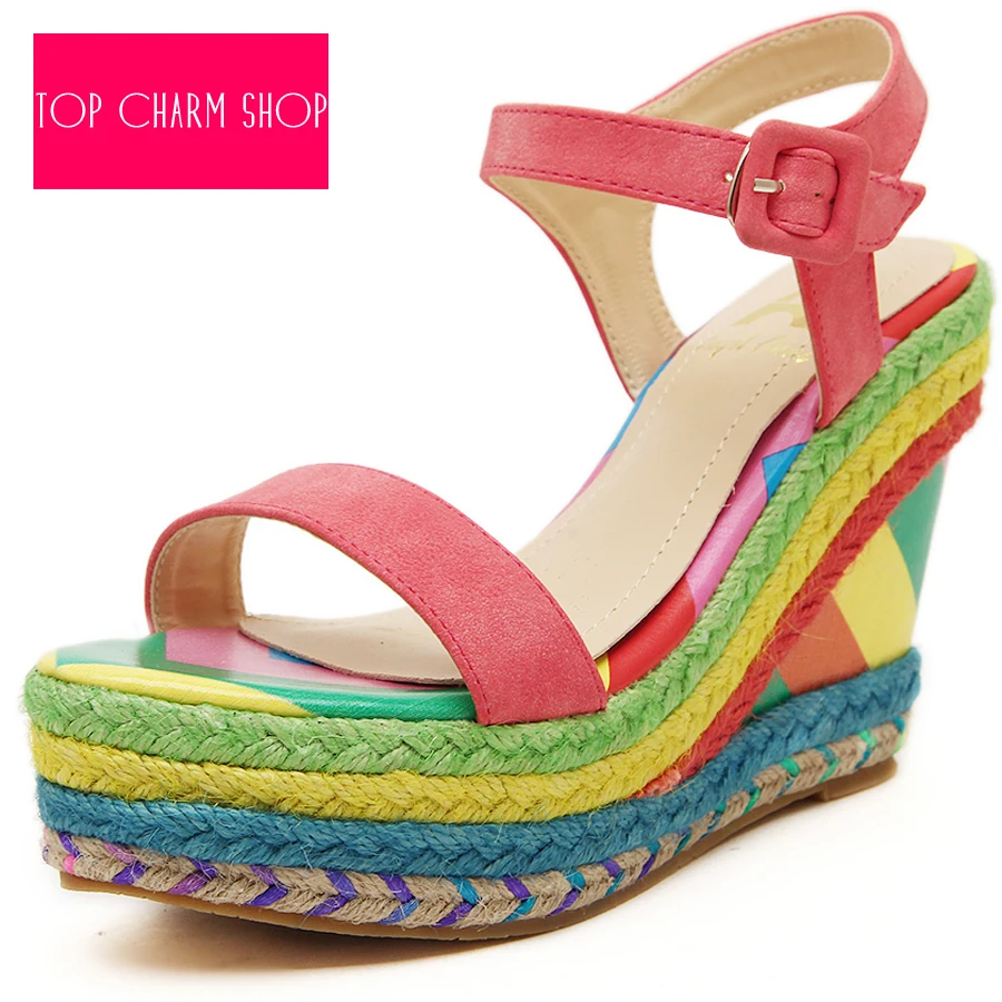 Ladies Shoes 2015 High Heels Sandals Summer Women's Open Toe Rainbow Color Strap Straw Braid Wedges Platform Big Small Size