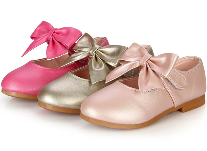 New Arrival 2015 Spring/Autumn Girls Bow Velcro PU Leather Shoes Princess Gold Pink Rose Red Shallow Shoes Kid Flat Dance Shoes