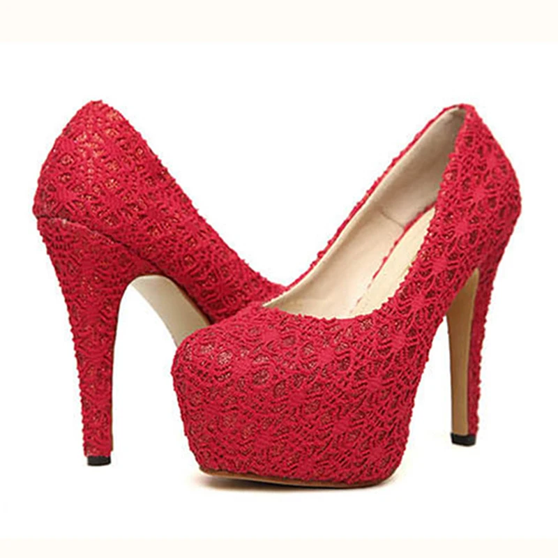 2015 red lace mesh womens pumps wedding shoes for bridal black beige high heel round toe13CM thick soles thin heels