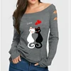 AL6044W New fashion long sleeve one-shoulder shirt cat pattern casual woman blouses tops