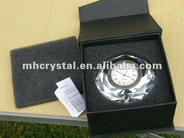 Crystal Glass Diamond Shaped Gem Paperweight with Quartz Clock MH-9376