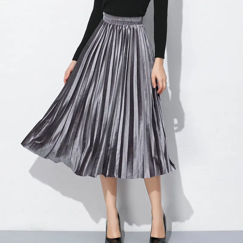 2019 venda de veludo plissado tamanho grande saia de cintura alta metade-comprimento das mulheres grande saia swing