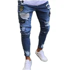 USA men Embroidery skinny ripped jeans pants