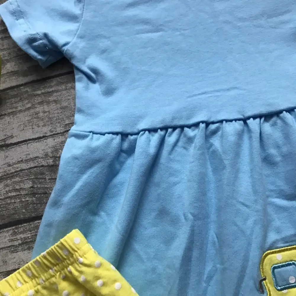 Back to school 3-8years old girls outfit clothes school bus clothing aqua yellow ruffles cotton capris with matching accessories