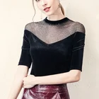2019 new arrival Casual women's clothes half sleeve O-neck Velvet t-shirt Splicing Hollow ladies tops wholesale