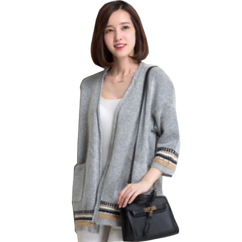 Autumn 2015 Fashion New European Style Knitted Cardigan Women Half Sleeve Sweater Coat Printing Long Cardigans Feminino V-Neck