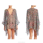 Airy silk digital print cover up short kaftan with tasseled ties