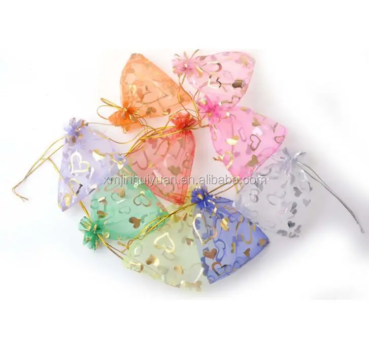 factory supplier heart hot stamping organza drawstring gift bag