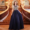 Navy Blue O Neck Appliqued Crystal Backless Long A-line Prom Dress