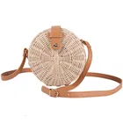 JAKIJAYI cheap women beach straw shoulder bags bali round rattan bag with leather strap