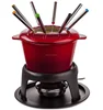 Fondue Set for Cheese | 1600ml Red Enamelled Cast Iron Melting Pot with Gel Fuel Burner | Includes 8 Fondue Forks