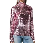 2017 fashion pink sequin embellished high neck long sleeves women tops for ladies evening party