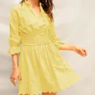 Fashion women tie neck eyelet embroidered ruffle shirred dress