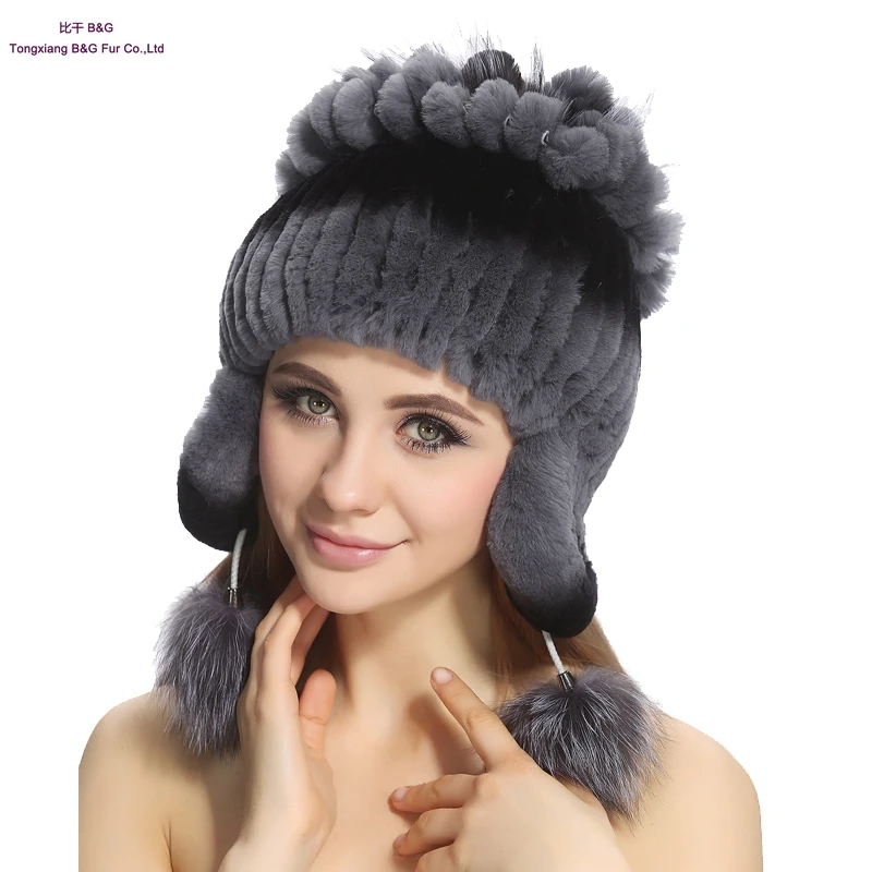 Women Genuine Real Rex Rabbit Fur Beanies Winter Warm Real Fur Knitted Hats Women Skullies & Beanies Rex Rabbit fur Cap BG80237