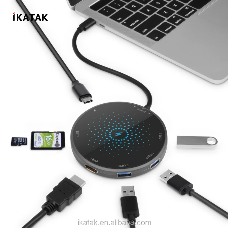 IKATAK New 8 in 1 Multi Type C Dock 4K HD USB3.0 PD Charging USB C Wireless Charger Hub