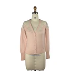 High quality ladies wool mohair pink fancy lace applique cardigan sweater