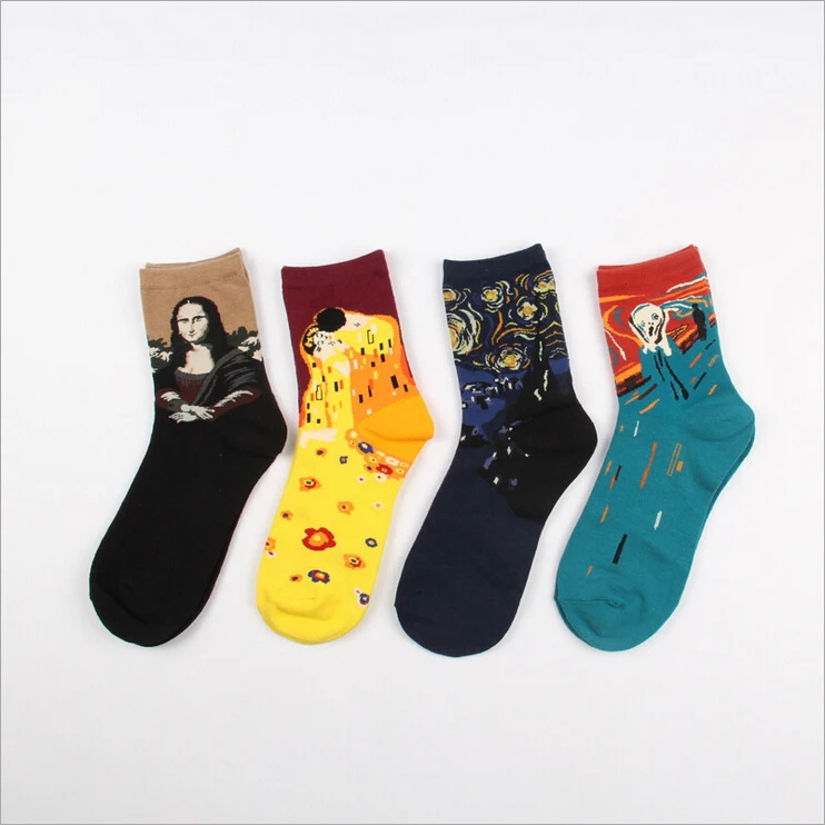 2015 European Socks Women Cotton Socks 3d Van Gogh Mural Art Harajuku Street Oil Painting Printed Lady Socks Famous Art Sock