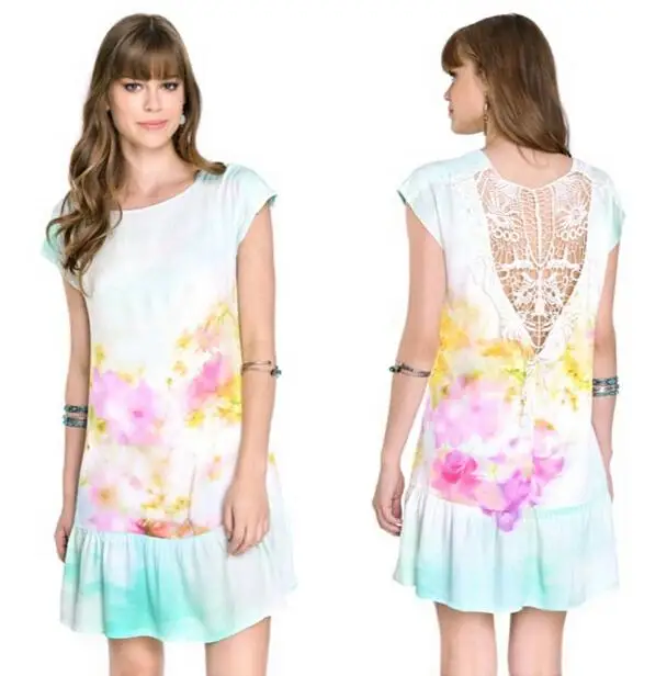 New Fashion Sexy European Style colorful Print Casual Dress Vestidos Dresses Women Summer Dress back lace patchwork 2015