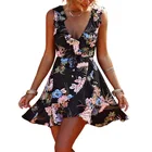 Women Floral Print Sleeve Sexy Deep V-Neck Tunic Top Casual Mini Dress