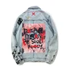 New Arrival Men Jeans Jacket With Embroidery Logo, Distressed Denim Jacket With Printed Graffiti