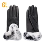 Ladies Luxury Black Leather Gloves with Rex Rabbit Fur Cuff Fur for Women