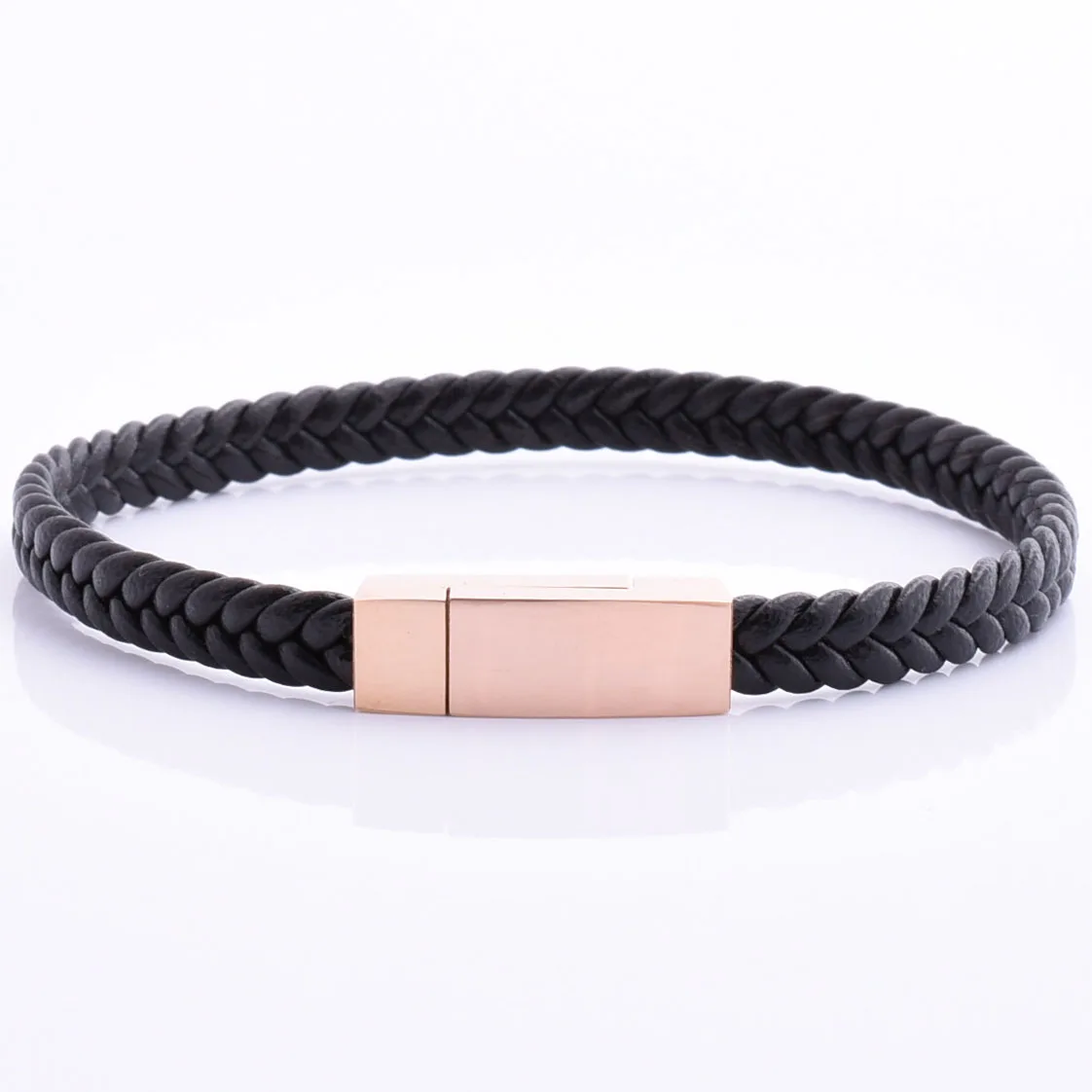 Good Quality Men 316L Stainless Steel Metal Clasp Flat Black Leather Bracelet