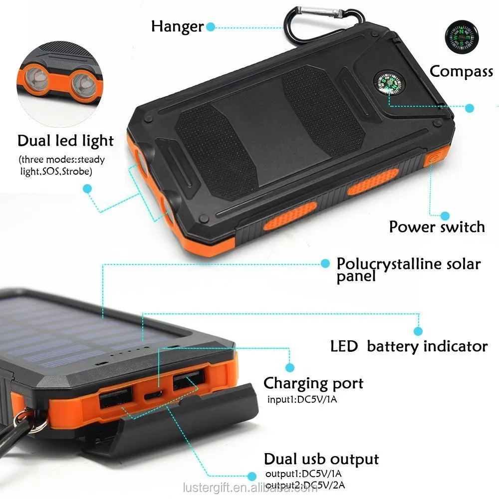10000mAh Lithium Polymer Battery IP67 Waterproof Solar Power Bank With Flashlight Compass for Outdoor - ANKUX.COM