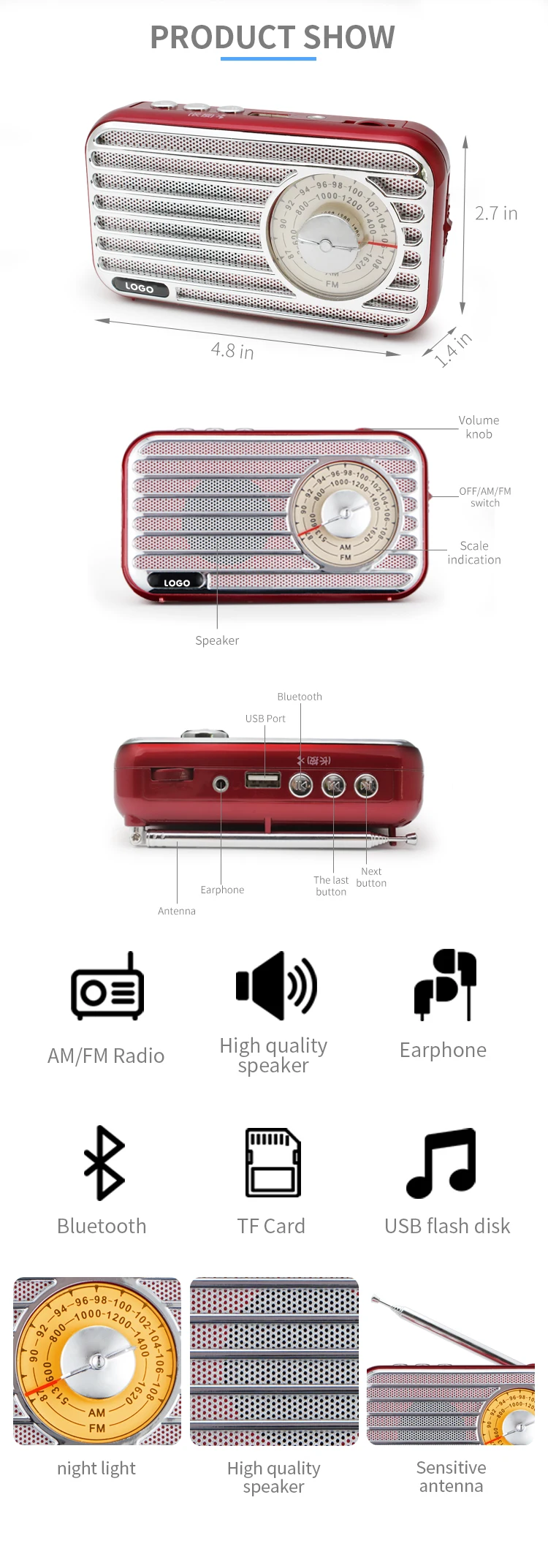 portable rechargeable wireless retro microphone smart battery tf card speaker with usb port am fm radio
