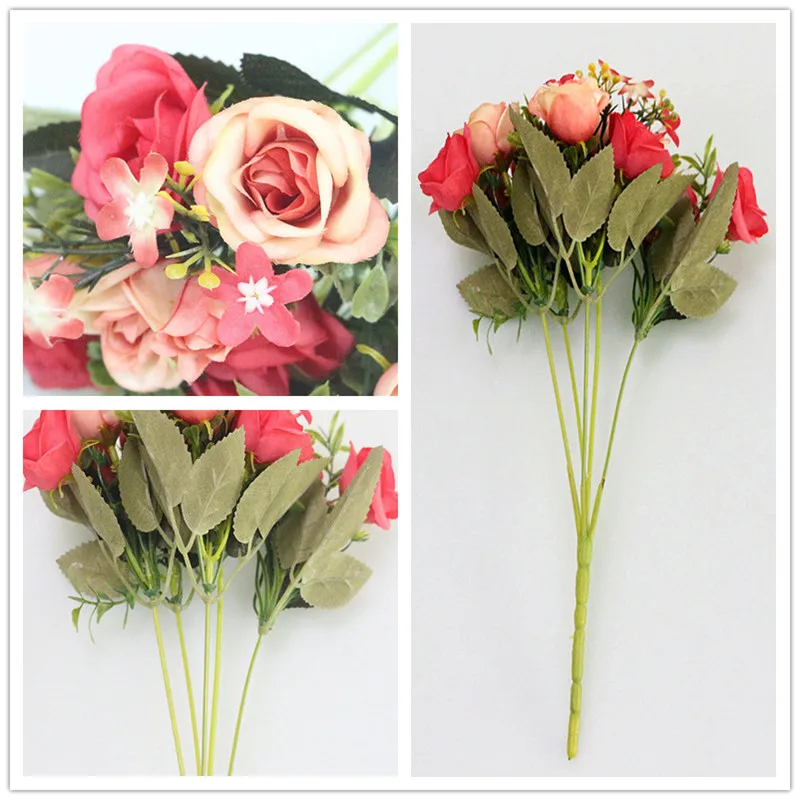 Flone Artificial European Small Rose Simulation Silk Flower Rose Bouquet For Wedding Party Family