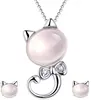 Silver plated rose quartz kitty cat pendant necklace crystal cat heart stud earrings set