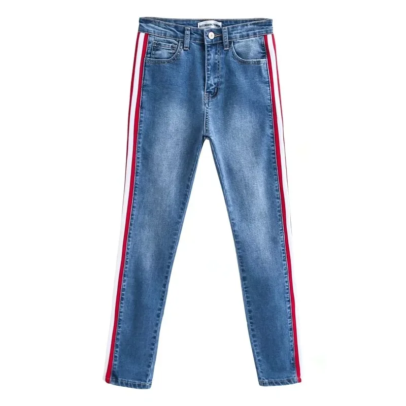 High Quality Girl Jean With Side Strip Tape Wholesale Stretch Skinny Jeans Denim Women