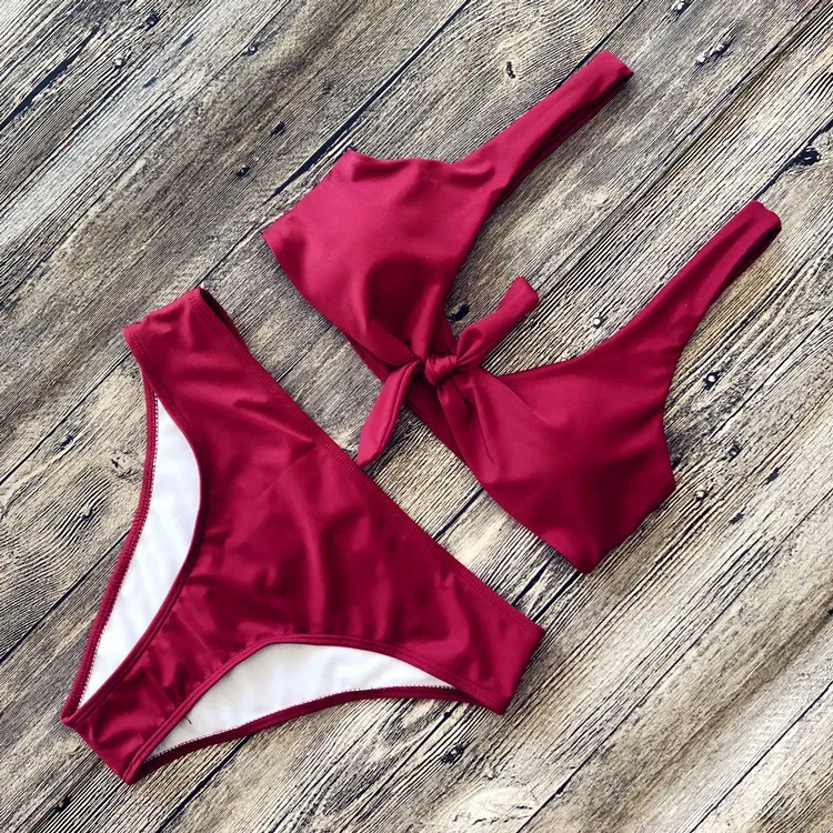 Bow Solid Color Bikini Sexy Deep V Neckline High Waist Briefs