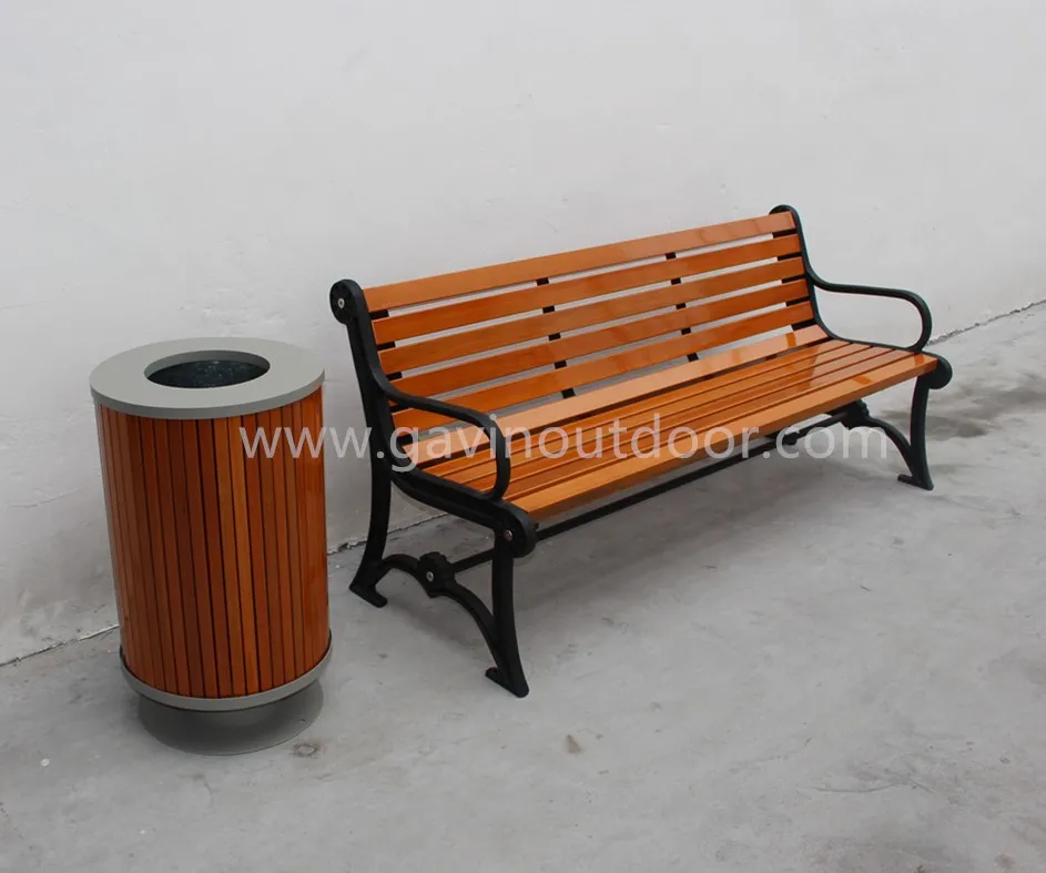 Outdoor wooden bench and dustbin wooden street furniture, View street