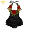 Toddler Rose Flower Plain Black Three Layers Ruffle Baby Clothes Wholesale Trendy Baby Girls Romper