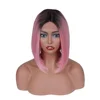 JINGFA HAIR Short Bob Style Two Tone Black Root Pink Synthetic Hair Lace Front Wigs